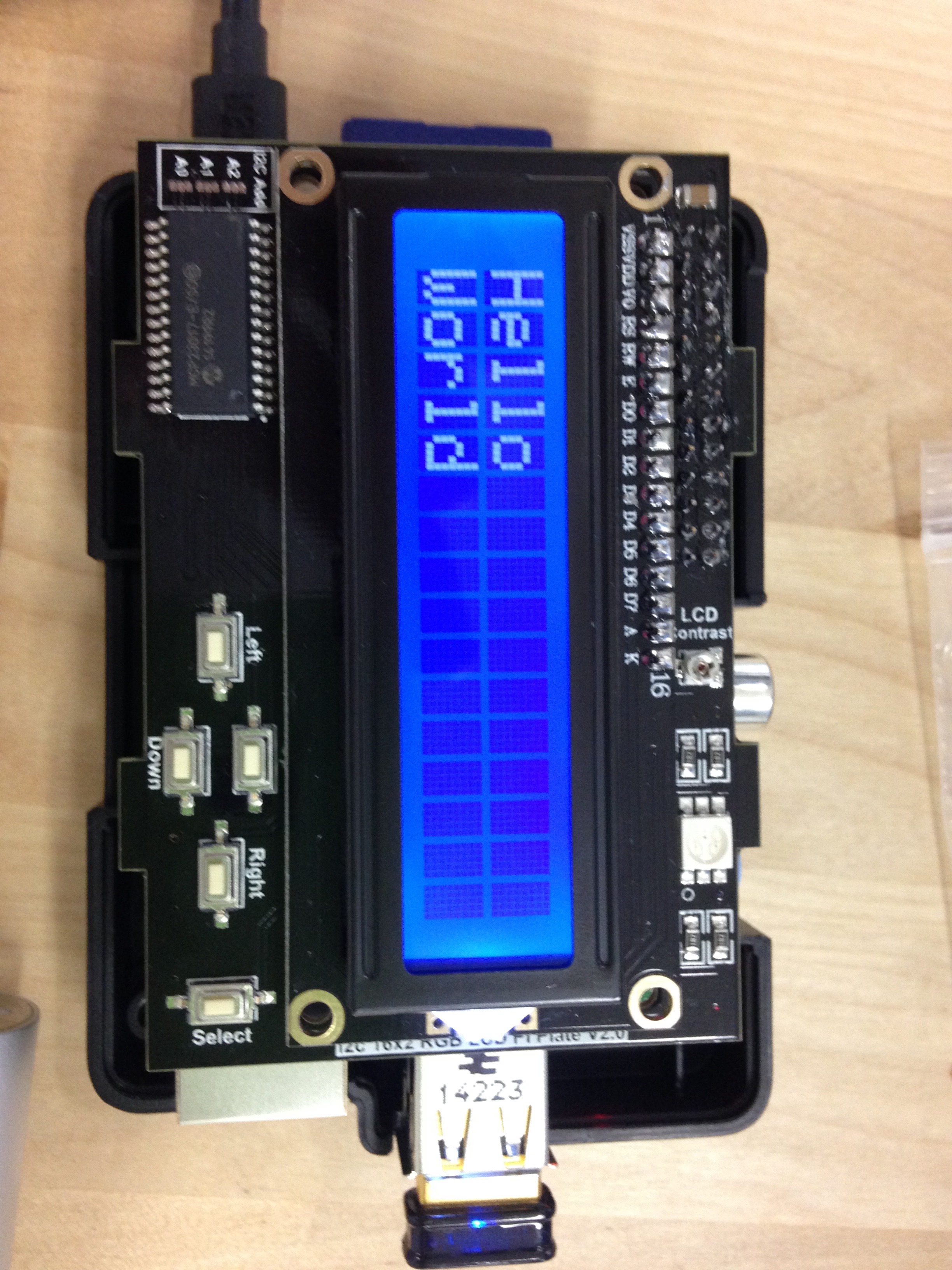 A Hello World message on an LCD display