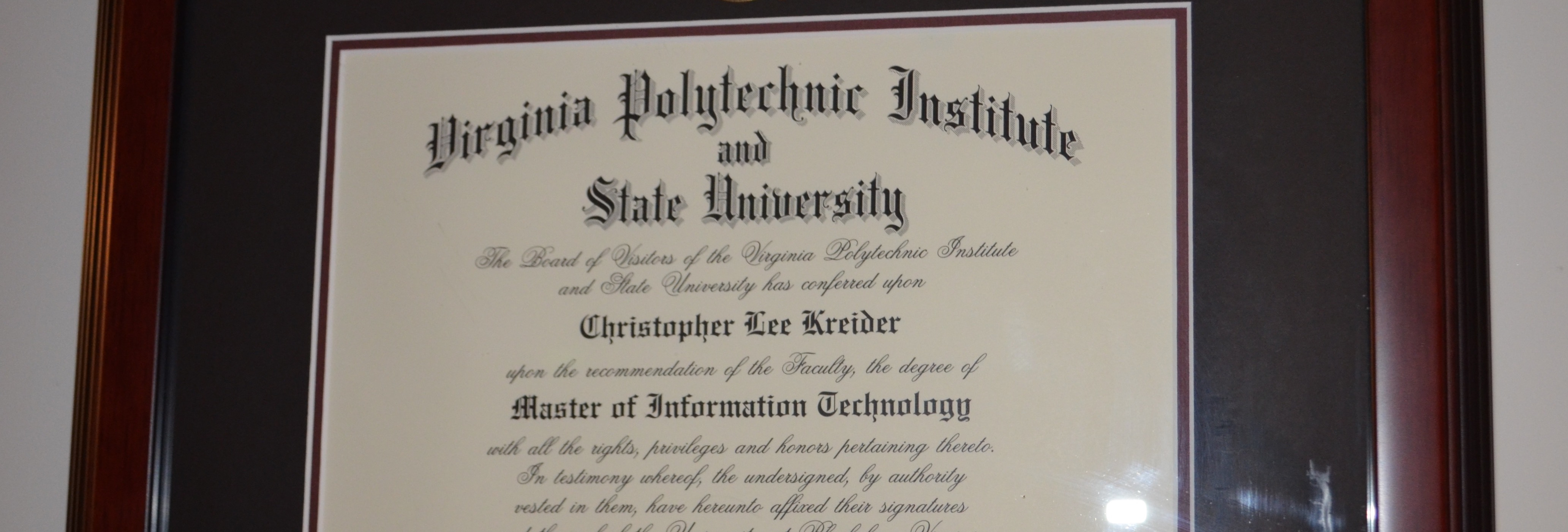Chris Kreider's masters degree diploma from Virginia Tech
