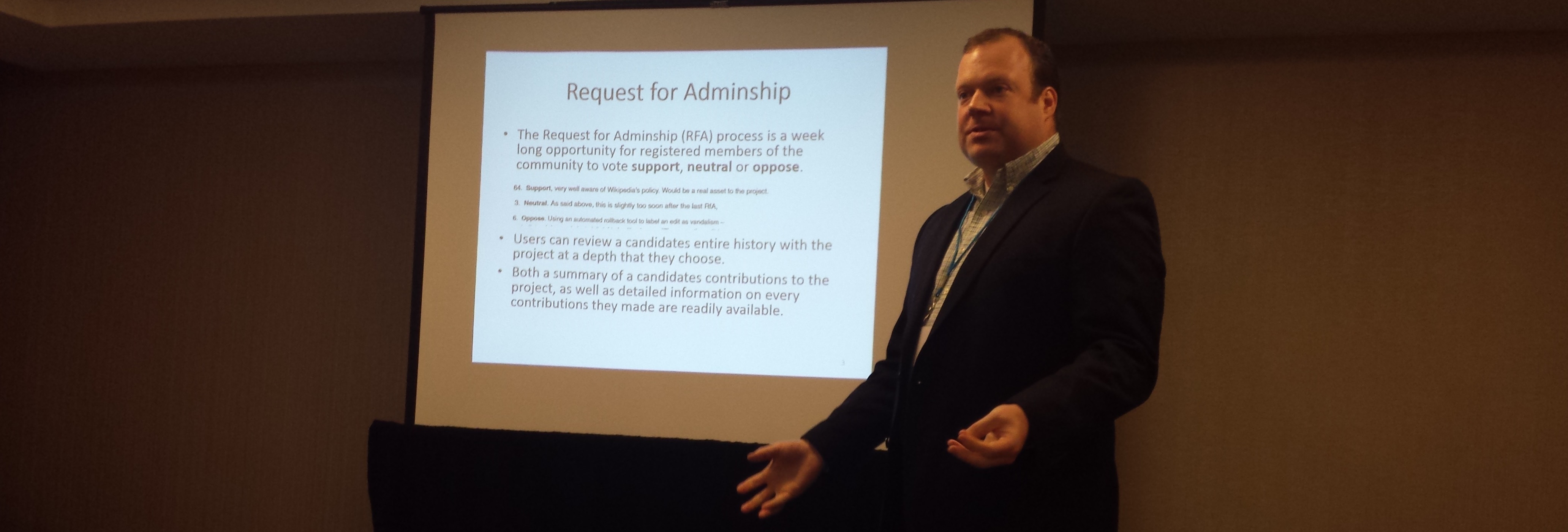 Chris Kreider presenting research at the SAIS 2015 conference on the Wikipedia Request for Adminship Process